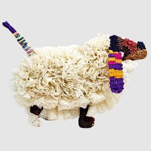Vtg Handmade Dachshund Dog Sheep Statue Weave Woven Lace Pop Art Large Standing